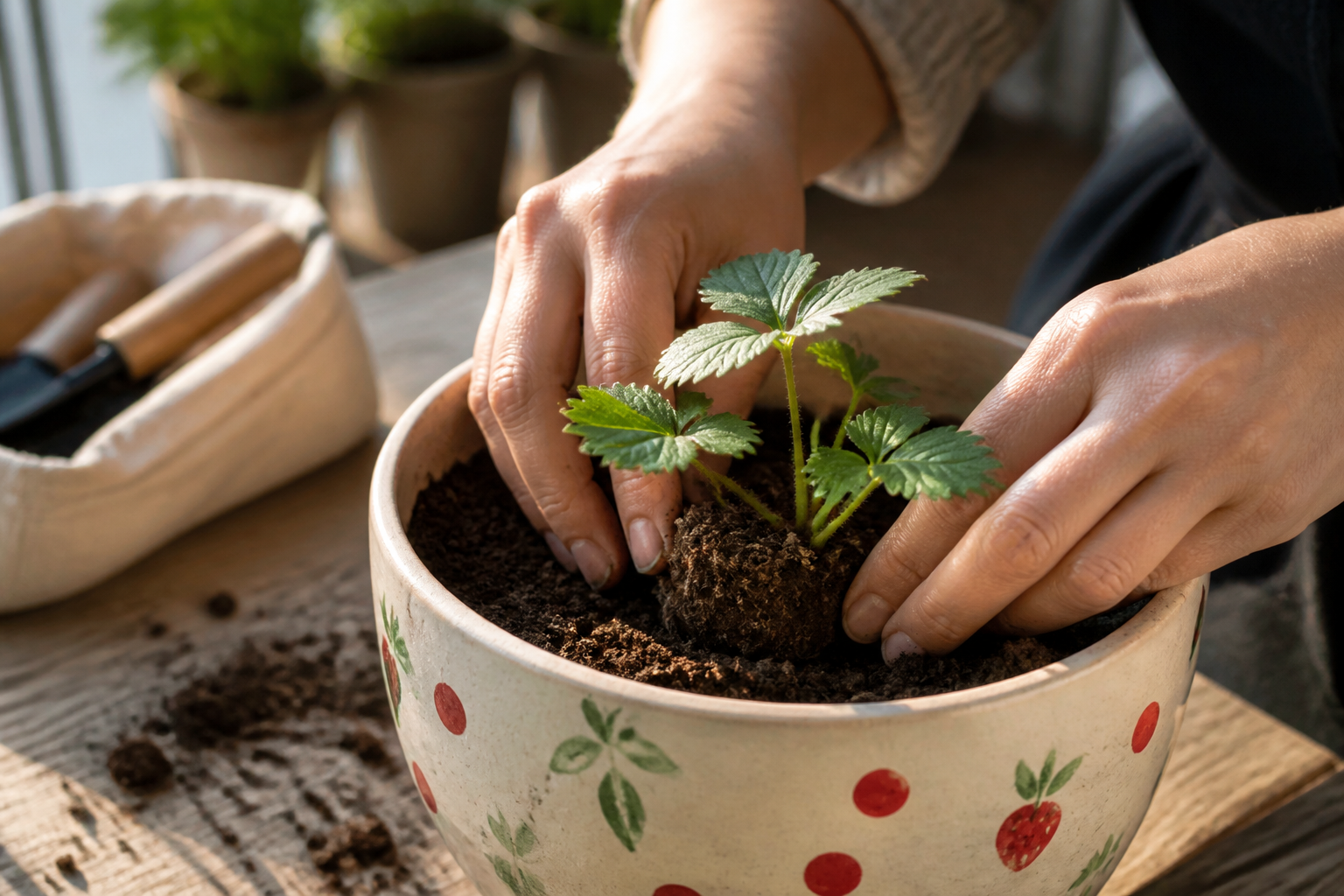 絵を描いたプランターへいちごの苗を植える手元