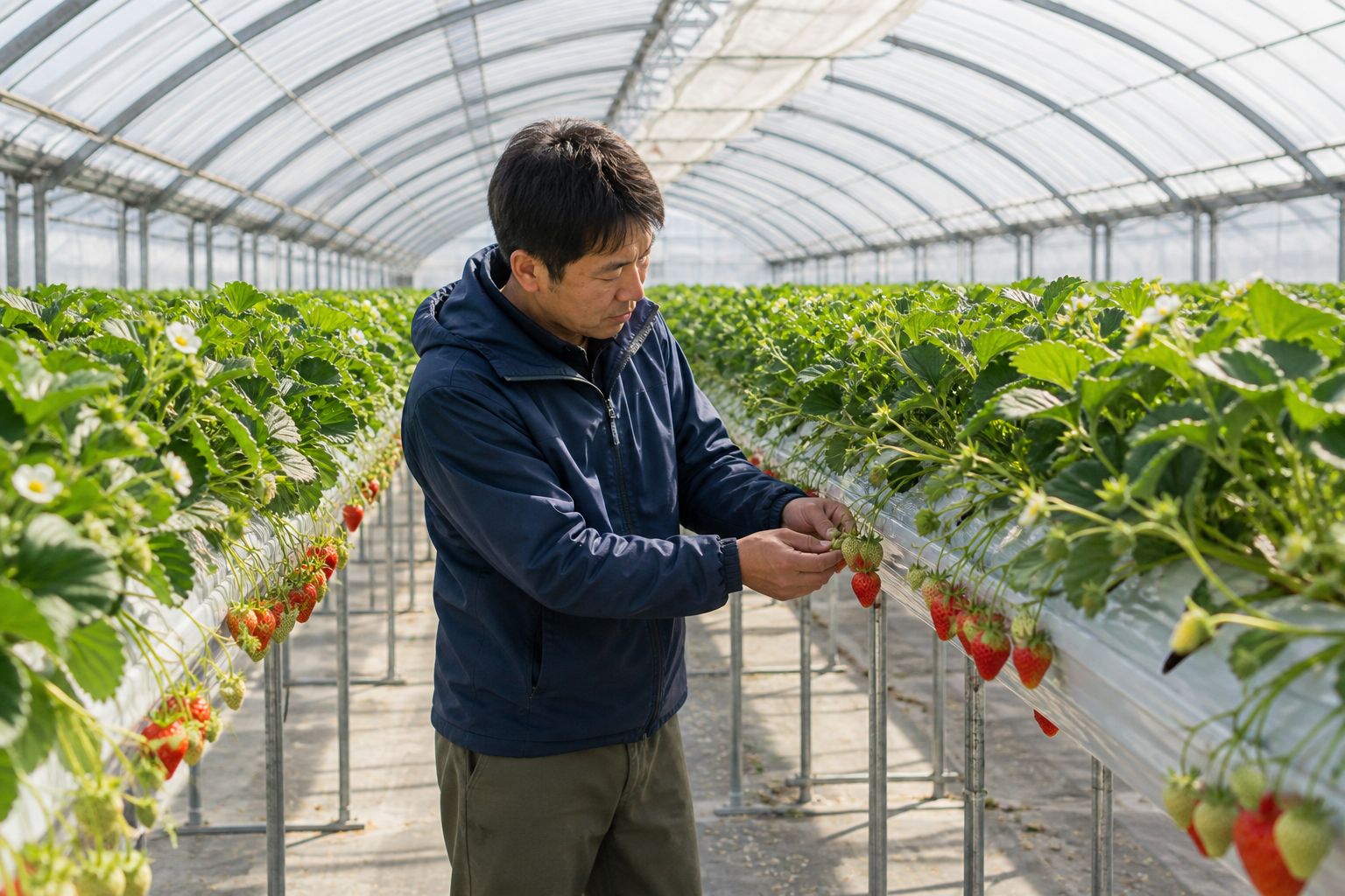 岐阜のビニールハウスで、高設栽培のいちごを手入れする農家