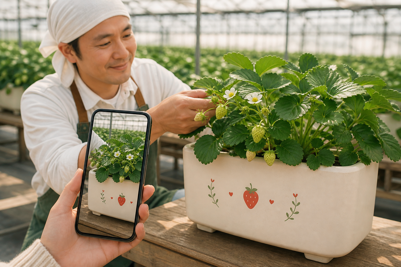 岐阜の農園で育ったいちごの苗を農家が手入れし、スマートフォンで成長を報告する様子
