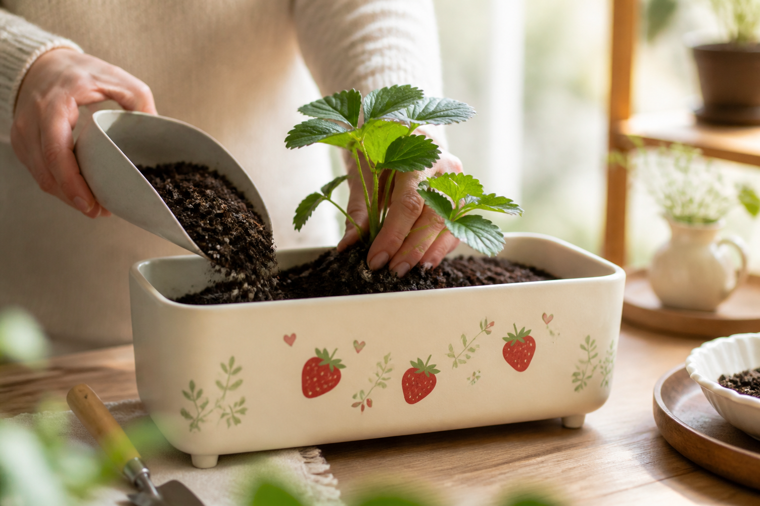 絵を描いたプランターに土を入れ、いちごの苗を植え付ける様子