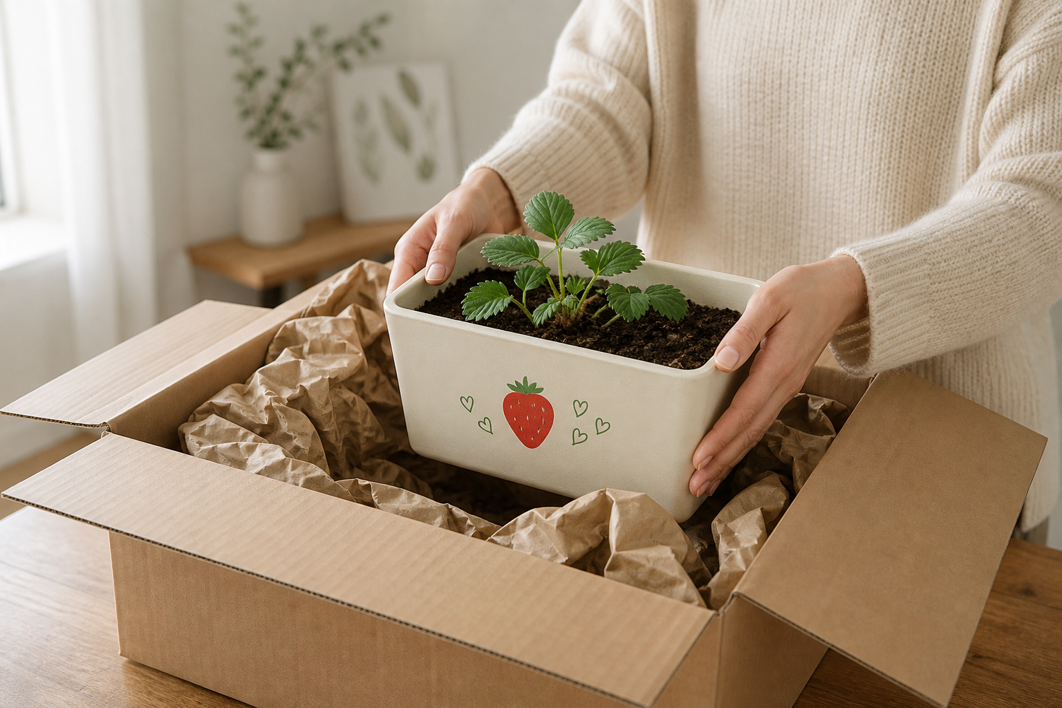 苗を植えたプランターを緩衝材と一緒に返送用の箱へ梱包する様子